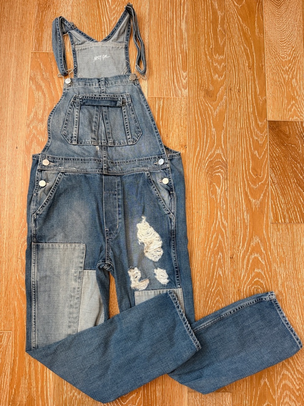 Nasty Gal Distressed Patchwork Blue Denim Overalls